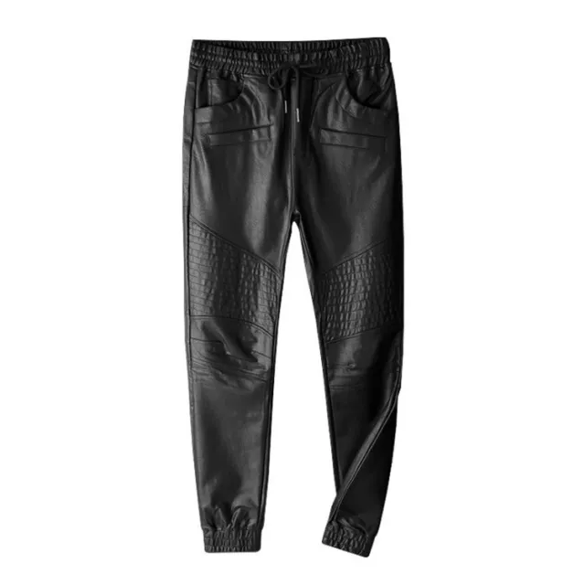 Mens Elastic Waist Jogger Motorcycle Pocket Faux Leather Trousers Pants Fashion 3