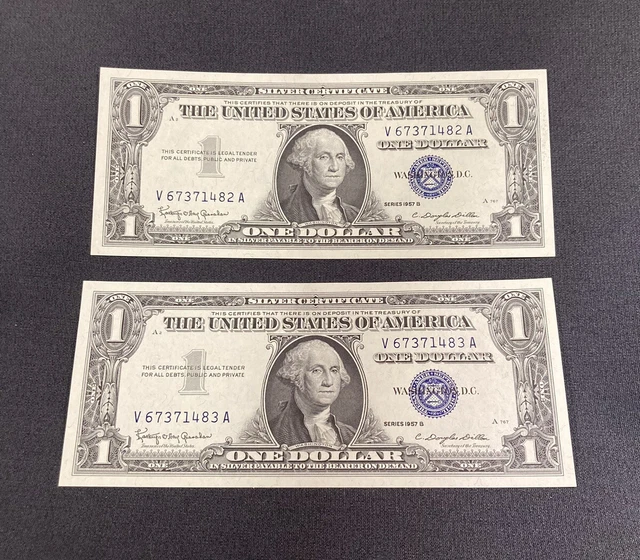 💵 (2) 1957 Series B BLUE SEAL (Sequential Serial Numbers) 💵 Uncirculated