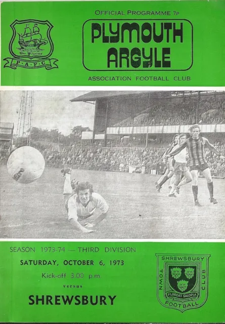 Football Programme PLYMOUTH ARGYLE v SHREWSBURY TOWN Oct 1973