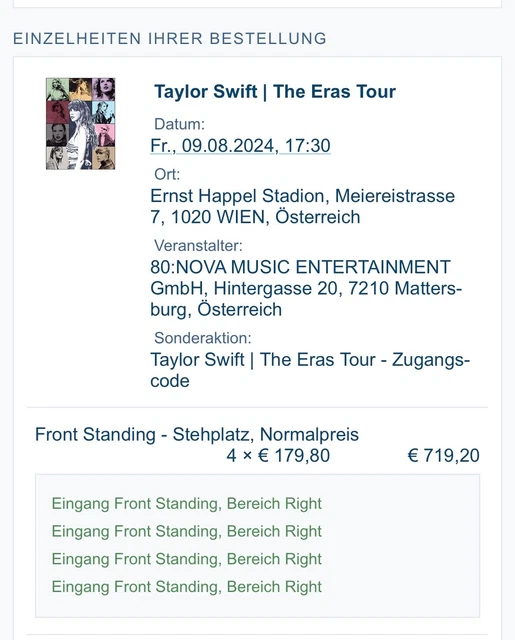 2X FRONT STANDING Taylor Swift The Eras Tour Tickets Vienna Fr, 09.08