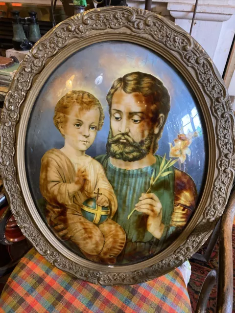 Antique Vintage Joseph & Child Jesus Oval Domed Reverse Glass Picture C. 1930’s