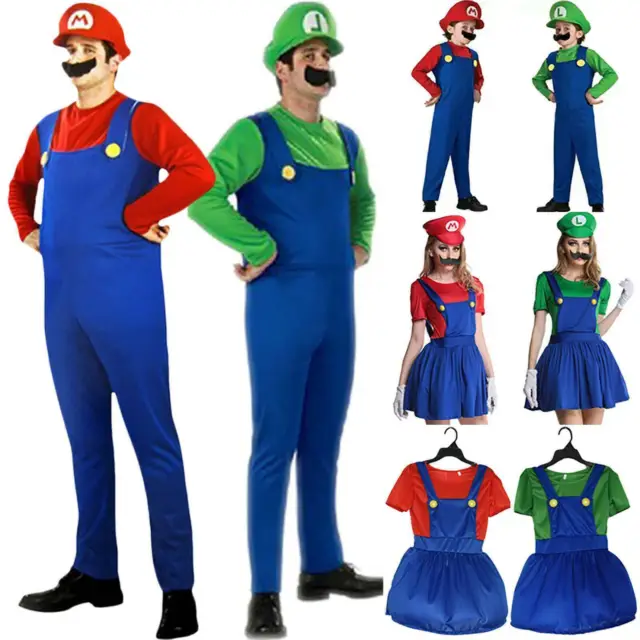 Family Adult Kids Cosplay Super Mario Costumes Set Party Fancy Dress Jumpsuit