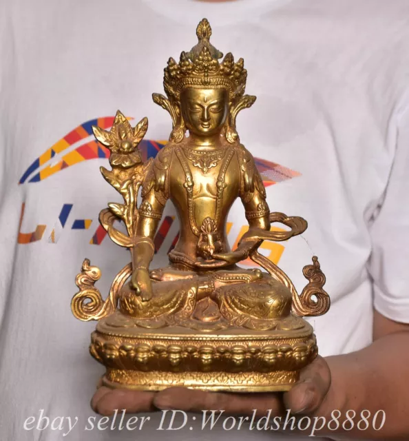 9.2" Old Tibet Bronze Gilt Amitayus longevity God Goddess Statue Sculpture