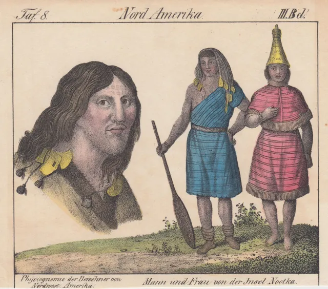 Canadá Ethnologie Nootka Original Colorido Litografía Völkergalerie 1840