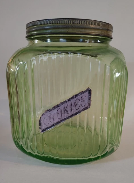 Vtg 1930's Hoosier Lrg 8" Cookie Jar Ribbed Green Depression Glass Canister Lid
