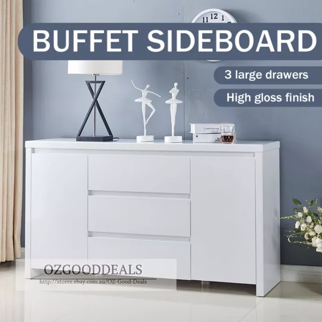 High Gloss Piano Finish White Designer Buffet Sideboard Cabinet 3 Drawer 4037