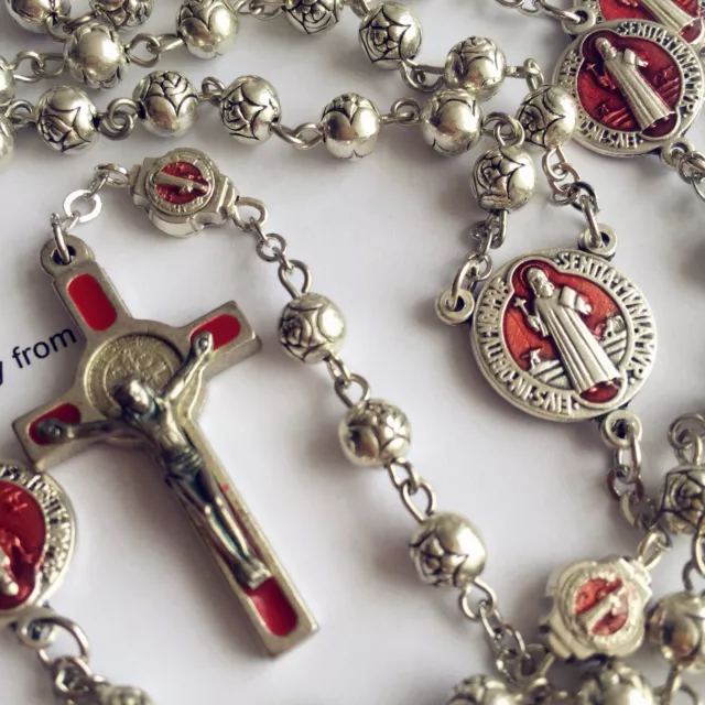 SILVER Rose beads St.Benedict italy Rosary & Crucifix Cross catholic necklace