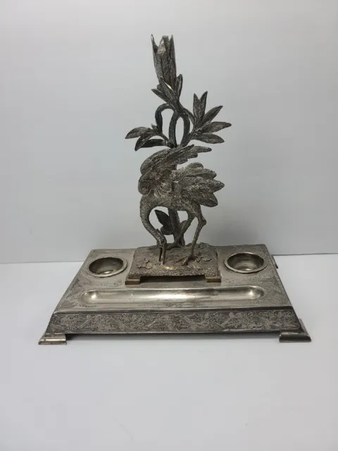 Fine Antique Victorian Silver Plate Crane Bird Inkwell Stand After