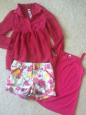 3pc Girls Set Forever Orchid Pink Floral Shorts+Beautees Sheer Blouse+Tank Top