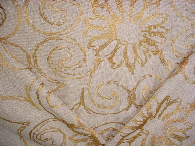 10-7/8Y Kravet Lee Jofa Brass Gold Embroidered Scroll Linen Upholstery Fabric