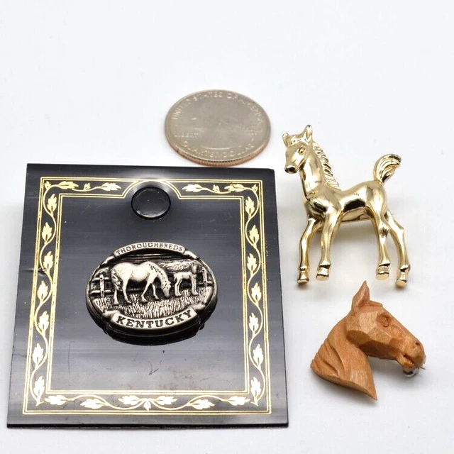 Lot of 3 Horse Pin Brooches Kentucky Souvenir Silver Tone Gold Tone Wooden G225