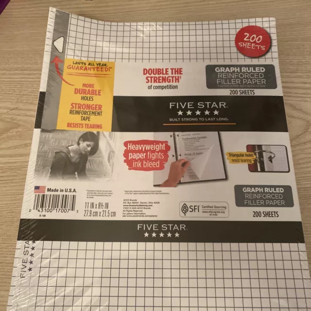 NEW Five Star Graph Grid Ruled Reinforced Filler Paper 11x8.5" 3-Hole 200 Sheets
