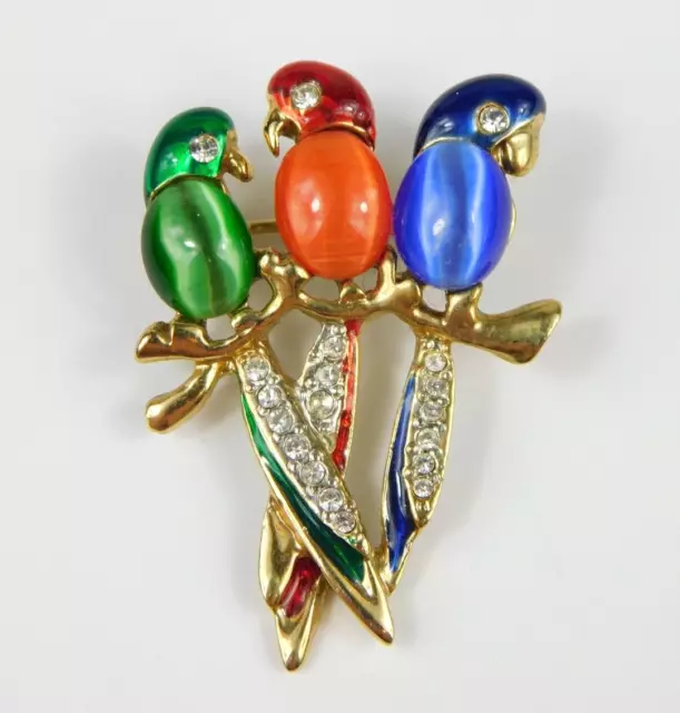 Vintage Red Blue & Green Enamel Parrots Birds Brooch Rhinestone Cat Eye Cabochon