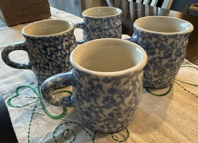 Workshops of Gerald E Henn pottery blue spongeware coffee mugs/set of 4. EUC