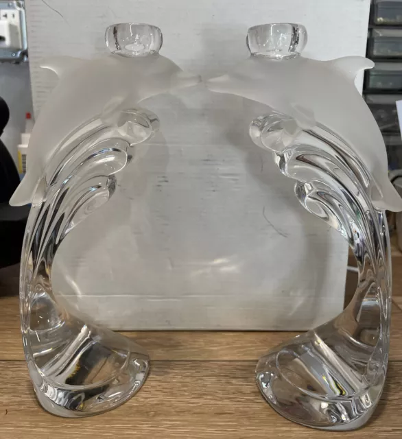 Lenox Fine Crystal 9" Nautical Dolphin on Wave Candlestick Holder Set