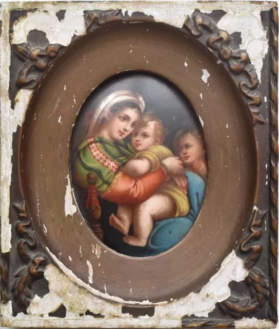 19th C Antique Hand Painted Porcelain Plaque - KPM Style - Madonna, Child, John