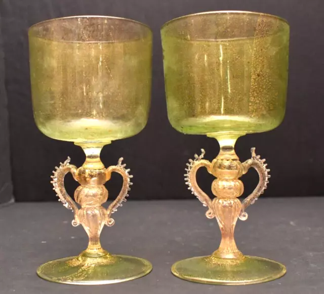 Pair of Venetian Murano Italy Salviati Gold Fleck Wine Art Glass Goblet 6.5"