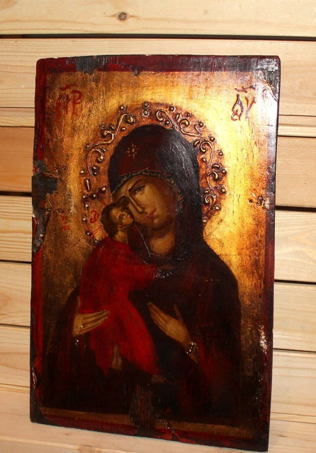 Icône Religieuse Bois Fait Main - Jésus Christ Vierge Marie
