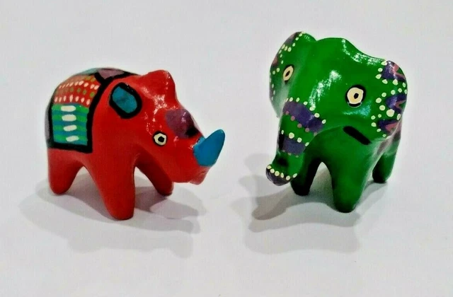 2 Vintage SOUTH AFRICA Hand Painted Metal Animals ELEPHANT and RHINO Travel