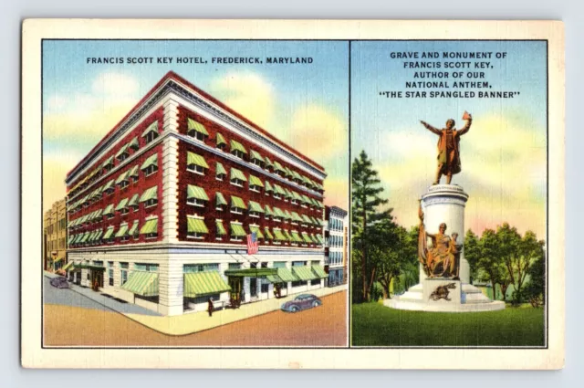 Postcard Maryland Frederick MD Francis Scott Key Hotel Monument 1940s Unposted