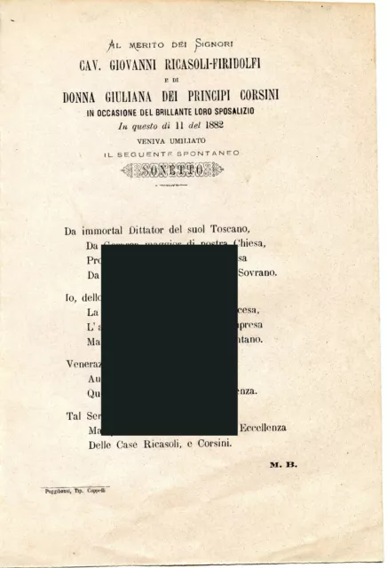 1882 - GIOVANNI RICASOLI-FIRIDOLFI e GIULIANA DEI PRINCIPI CORSINI - Nozze.