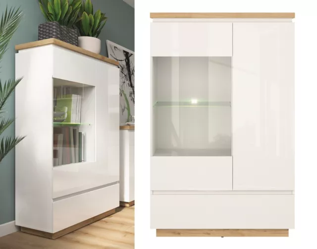Glass Display Cabinet LED Glazed Shelving Shelf Unit White Gloss Oak Effect Erla