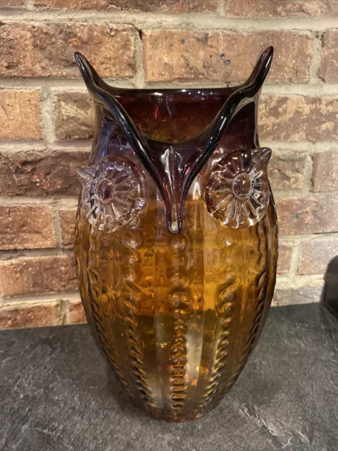 Vintage Large MCM Murano Style Amber & Purple Handblown Glass OWL VASE