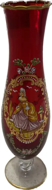 Bohemian Moser Cranberry Art Glass Vase Czech Republic Hand Painted Enamel Lady