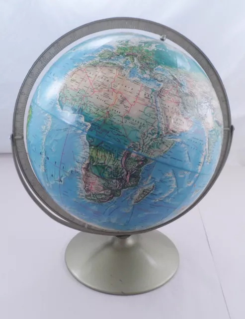 1960s Rand McNally Topographical World Portrait Globe w/ Metal Stand Swivel Axis