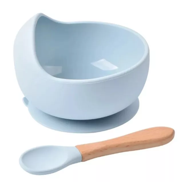 Baby Silikon Saugschale und Löffel Fütterung Abendessen Set für Baby blau neu