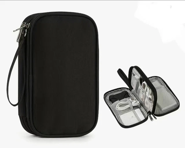 Double Sided Zipper Pouch For Cables, Chargers Cords, Plugs Organizer - Black