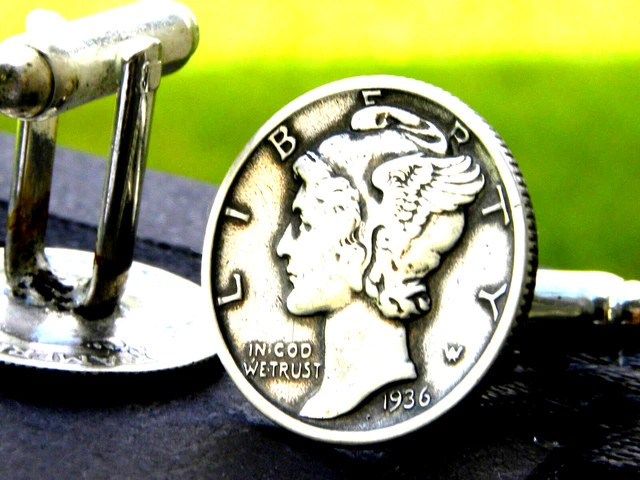 Cuff links authentic 1936 vintage silver Mercury dime coin nice gift for him Cuff links authentic 1936 vintage silver Mercury dime coin nice gift for him