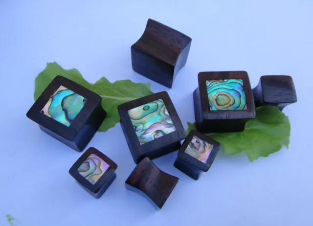 Pair Handcrafted ABALONE SHELL Sono Wood  Square Double Flared Ear Plugs Gauges