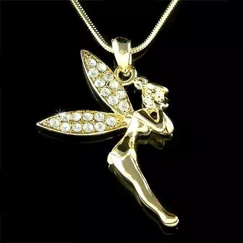 Gold P Tinkerbell PIXIE made with Swarovski Crystal ANGEL Fairy Necklace Jewelry