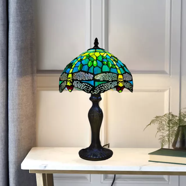 Tiffany Green Dragonfly Style Table Lamp Stained Glass Shade Multicolor E27 Bulb