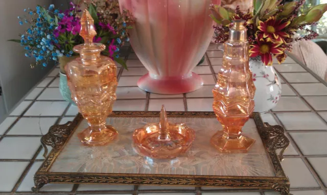 Vintage  dressing table set - tray with carnival glass accessories