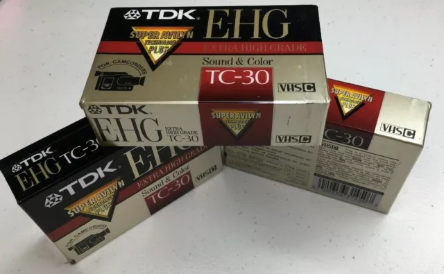 Lote de 3 cintas de casete en blanco para videocámara de grado extra alto TDK TC-30 EHG VHS-C nuevas
