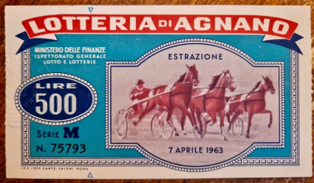 BIGLIETTO  LOTTERIA DI AGNANO - ANNO 1963 - 500 Lire - n: 75793