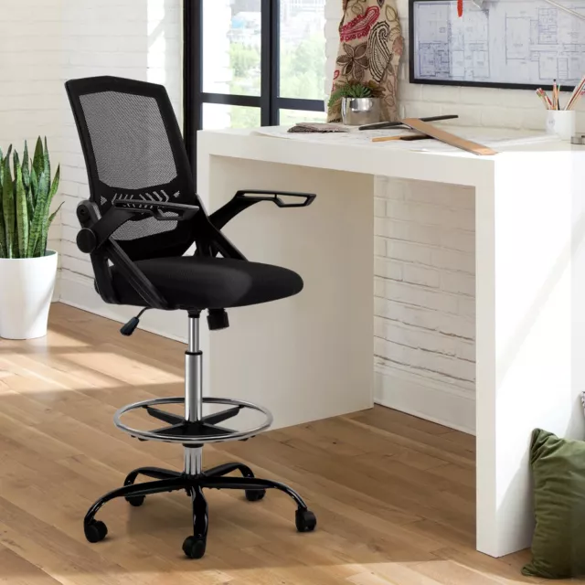 Office Chair Veer Drafting Stool Mesh Chair Flip Up Armrest Drafting Stool Black