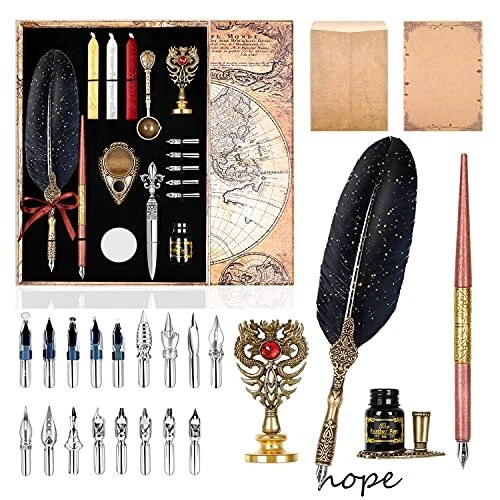 Quill Pen Ink SetIncludes Feather Pen and Wooden Dip Pen White wax Spoon