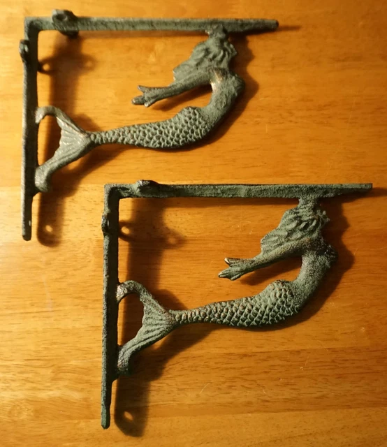 Rustic Patina Mermaid Cast Iron Shelf Bracket Sculpture Set Beach Home Decor NEW