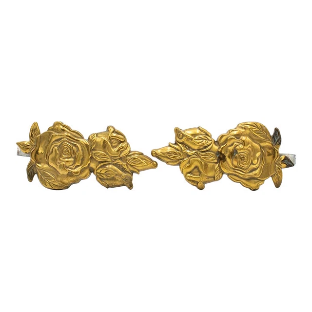 Pair of Vintage, Antique Brass Curtain Tie Backs - Flowers, Roses