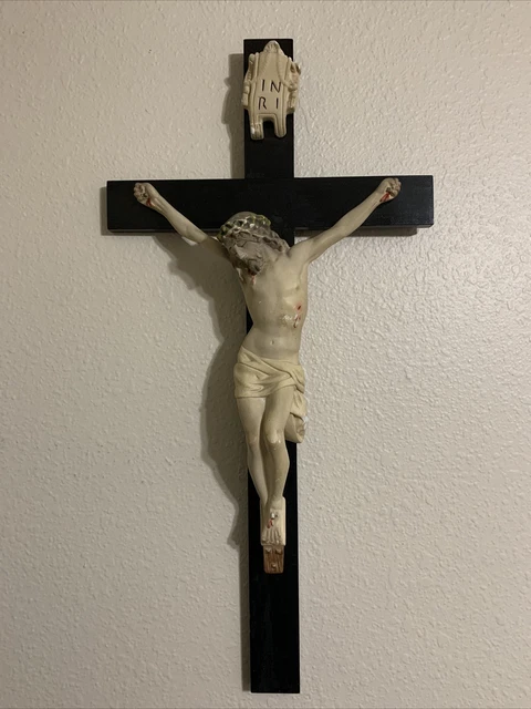 Antique Church Altar or Wall Hardwood Crucifix Cross & Chalkware Christ Figure Antique Church Altar or Wall Hardwood Crucifix Cross & Chalkware Christ Figure