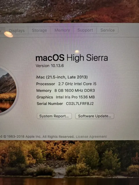 Apple iMAC Late 2013 A1418 21.5" I5 2.7GHz 8GB 1TB Fusion Iris Pro ME086LL/A