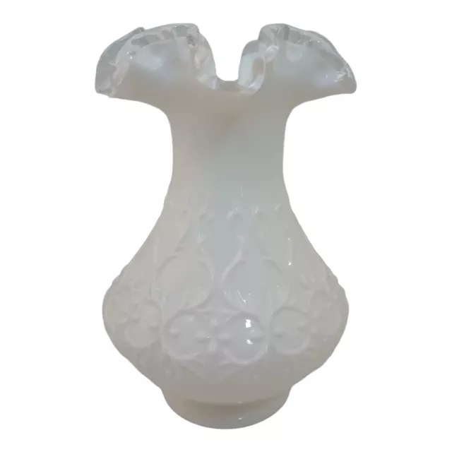 Vintage Fenton Milk Glass Sliver Crest Spanish Lace Crimped Ruffle Embossed Vase