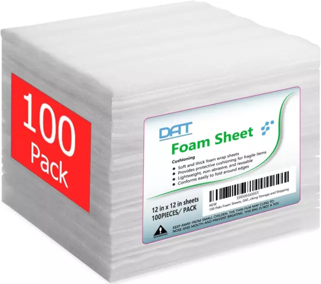 100 Pack Foam Sheets, DAT 12" x 12", 1/16" Thickness, Foam Wrap Cushioning for