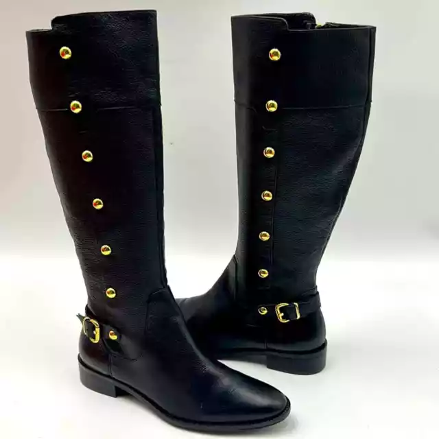 Michael Kors Boot Women Size 6.5 Gold Studed Black Leather Riding Boot
