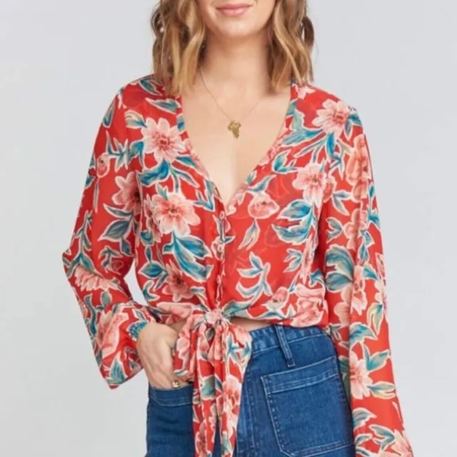 Show Me Your Mumu Tatum Red Floral Tie Semi Sheer Long Sleeve Blouse Top Medium