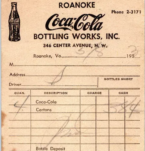 1950s Coca Cola Bottling Works Inc Roanoke VA Billhead Order Receipt