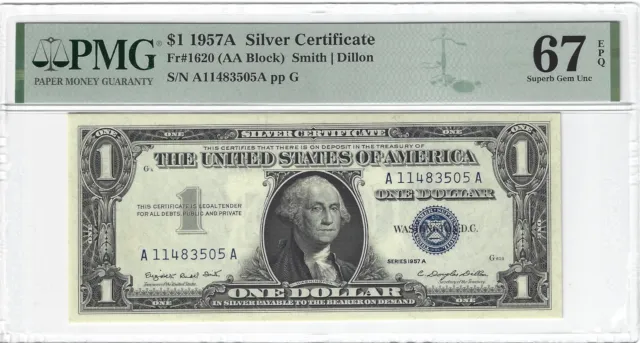 Fr. 1620 1957A $1 Silver Certificate Smith / Dillon, AA Block PMG 67EPQ